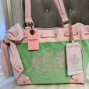 Juicy Couture Pink and Mint Green Crest Tote with Gold Charm